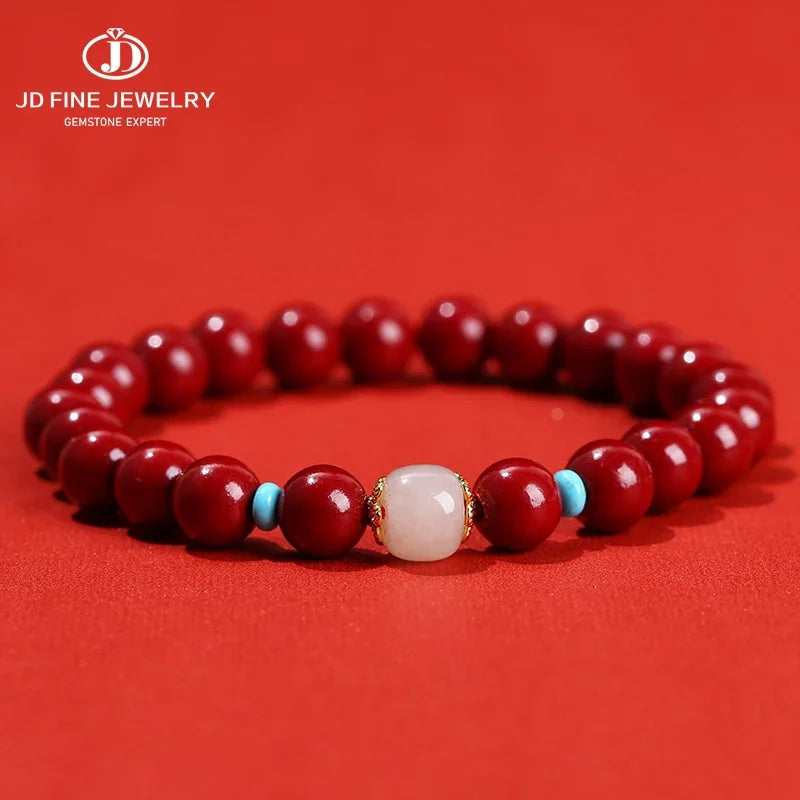 JD Natural Cinnabar Real Bead Bracelets Women Men Change Lucky Wealth Protection Hand String Pixiu Carved Vintage Bangles Gift