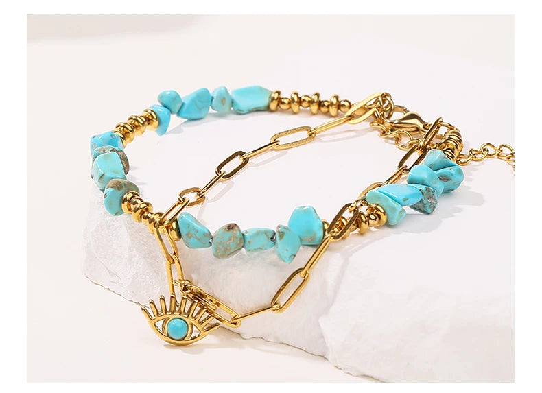 JD Natural Blue Turquoises Stone Devil's Eye Pendant Chain Double Layer Bracelet Women Bohemian Handmade Stainless Steel Jewelry