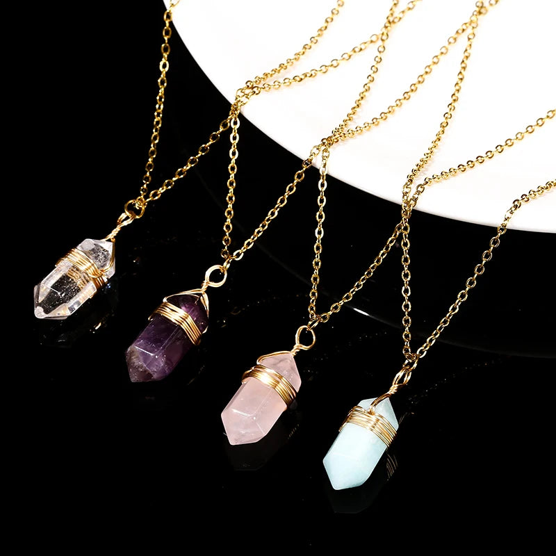 JD Natural Stone Amethyst Yellow Tiger Eye Obsidian Hexagon Column Charm Necklace Women Men Fashion Energy Healing Chain Choker