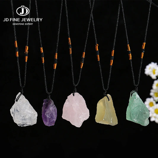 JD Natural Crystal Amethyst Raw Stone Pendant Clavicle Necklace Women Men Reiki Healing Adjustable Rope Chain Lucky Necklace