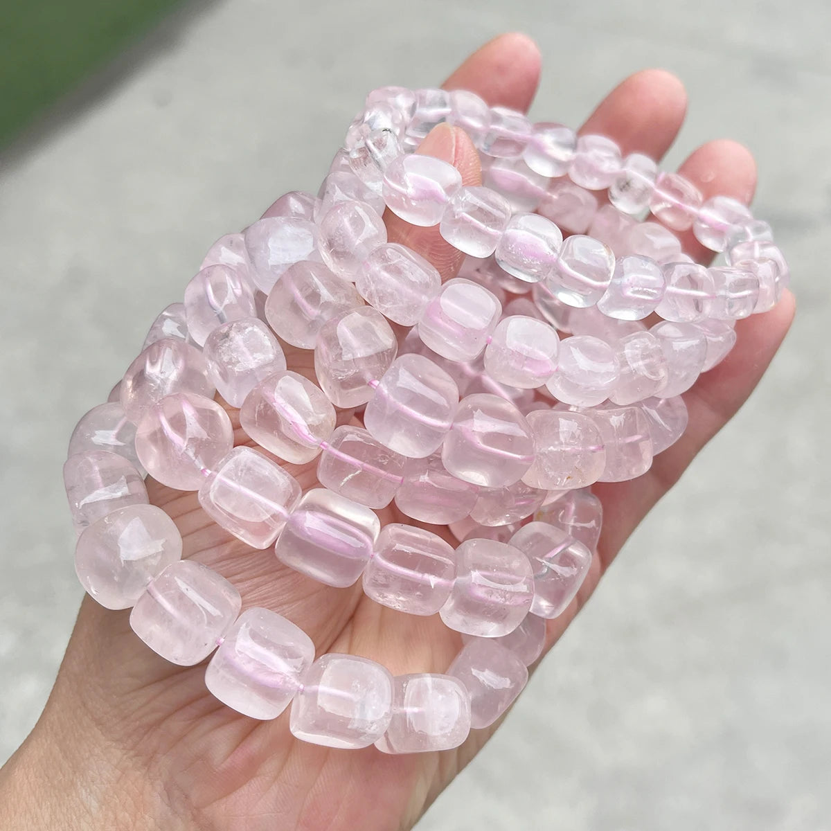 JD Natural Pink Quartz Polished Square Bead Strand Bracelets Women Charm Reiki Healing Strand Bangles Couple Party Jewelry Gift