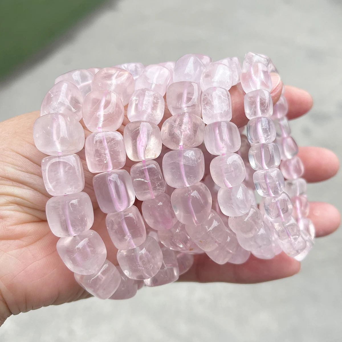 JD Natural Pink Quartz Polished Square Bead Strand Bracelets Women Charm Reiki Healing Strand Bangles Couple Party Jewelry Gift