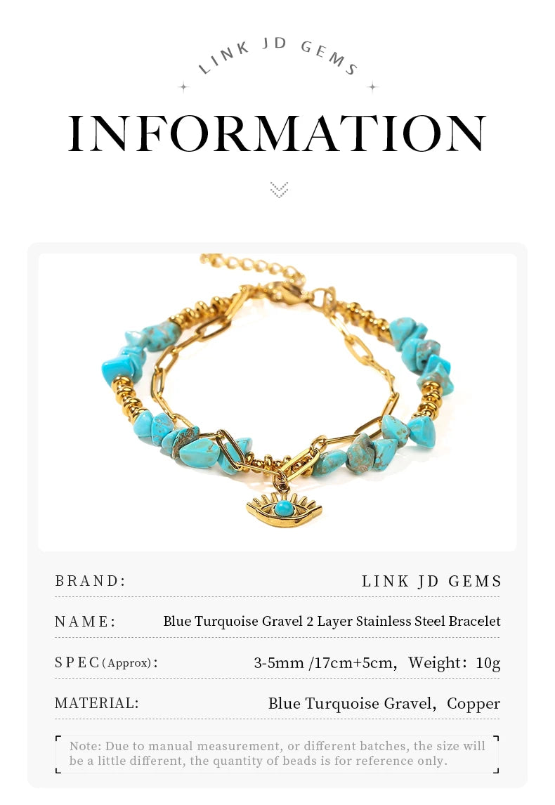 JD Natural Blue Turquoises Stone Devil's Eye Pendant Chain Double Layer Bracelet Women Bohemian Handmade Stainless Steel Jewelry