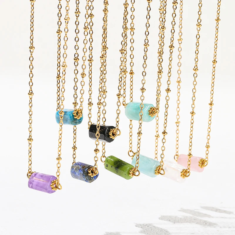 JD Handmade Boho Necklace Natural Amethyst Faceted Bead Pendant Necklace For Women Trendy Classic Stainless Steel Couple Gifts