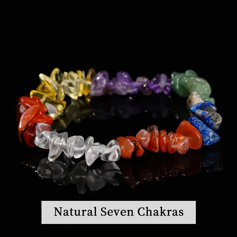 JD Natural Crystal Stone Seven Chakra Irregular Energy Bracelet Women Men Healing Amethyst Fluorite Chip Strand Bracelet Gift
