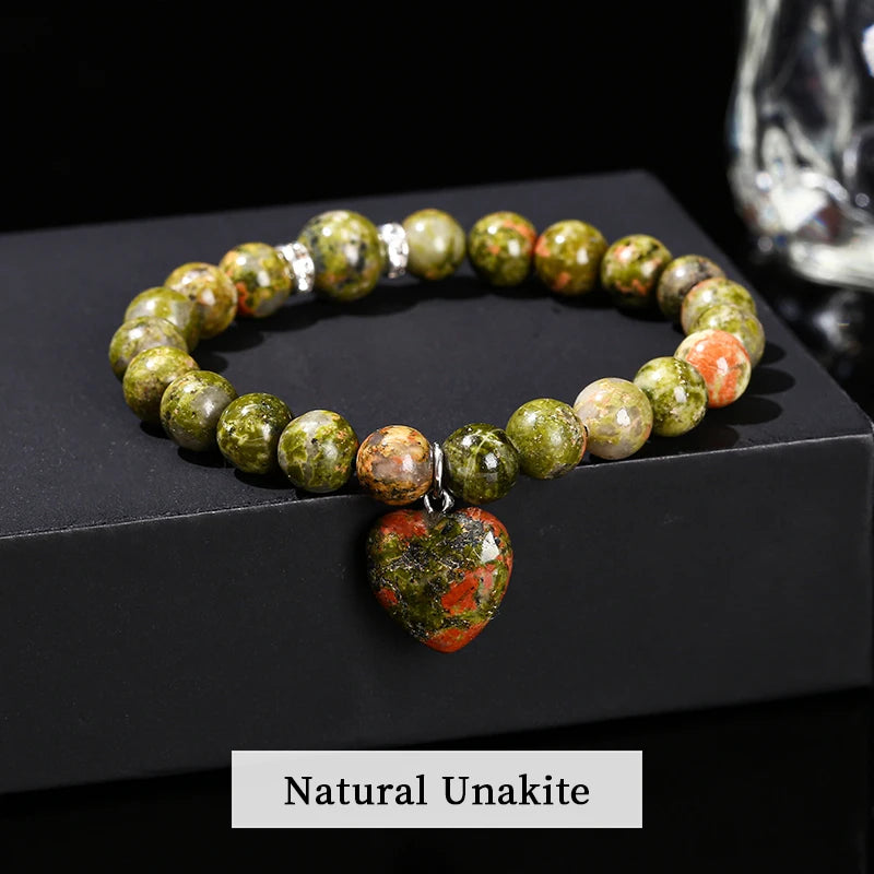 JD Natural Pink Quartz Yellow Tiger Eye Unakite Heart Pendant Beaded Bracelet Women Lovers Elegant Handmade Stretch Healing Gift
