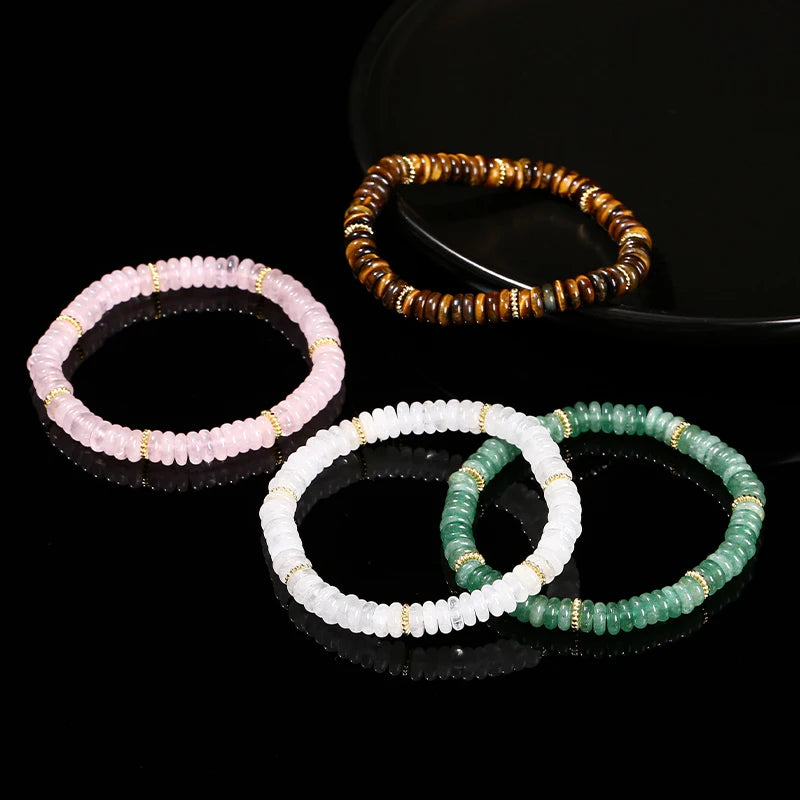 JD Natural Stone Green Aventurine Pink Quartz Flat Spacer Beads Bracelet Women Men Bohe Elastic Bangles Healing Friendship Gift