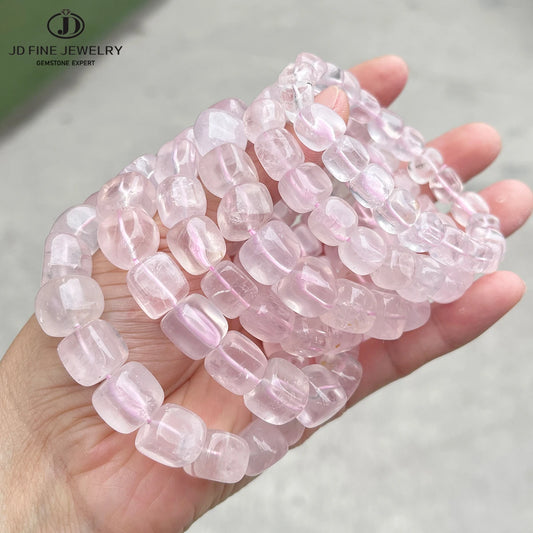 JD Natural Pink Quartz Polished Square Bead Strand Bracelets Women Charm Reiki Healing Strand Bangles Couple Party Jewelry Gift