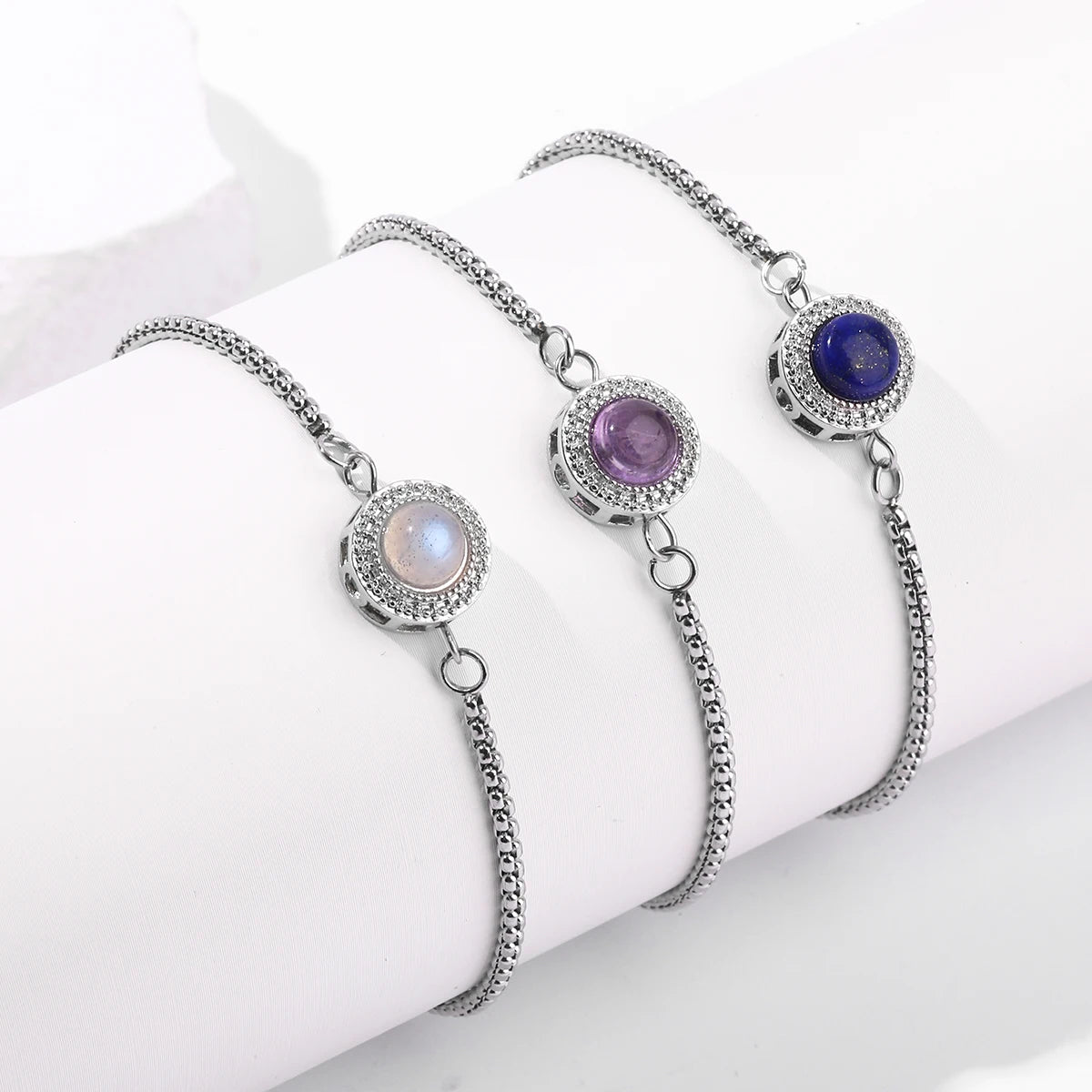 JD Natural Blue Moonstone Inlaid Stainless Steel Chain Bracelets Women Fashion Handmade Adjustable Healing Bangles Couple Gifts