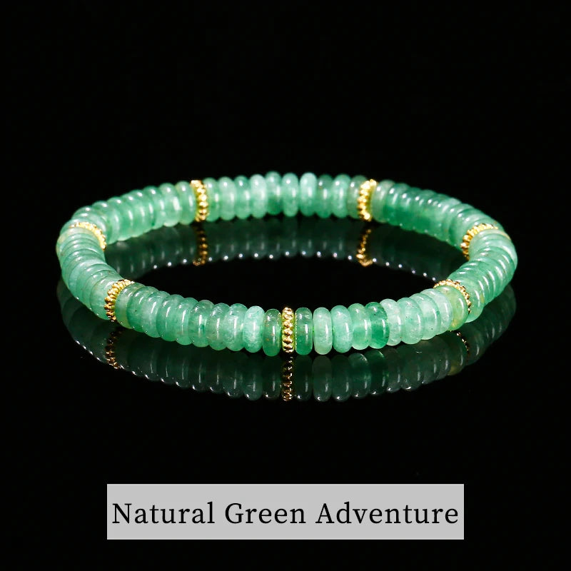 JD Natural Stone Green Aventurine Pink Quartz Flat Spacer Beads Bracelet Women Men Bohe Elastic Bangles Healing Friendship Gift