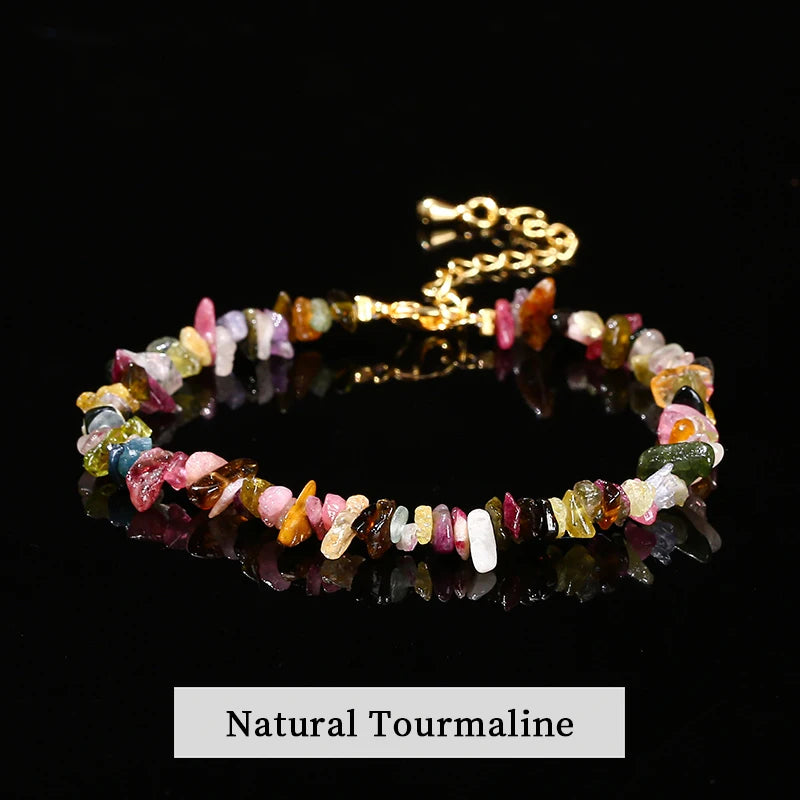 JD Natural Stone Tourmaline Amethyst Rock Quartz Crystal Stone Chip Bead Bracelet Women Healing Chakra Adjustable Chain Jewelry