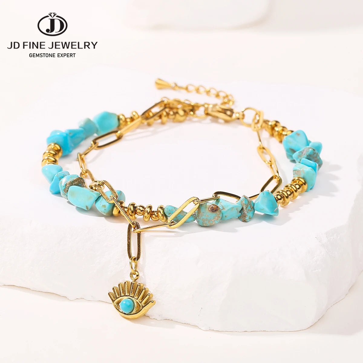 JD Natural Blue Turquoises Stone Devil's Eye Pendant Chain Double Layer Bracelet Women Bohemian Handmade Stainless Steel Jewelry