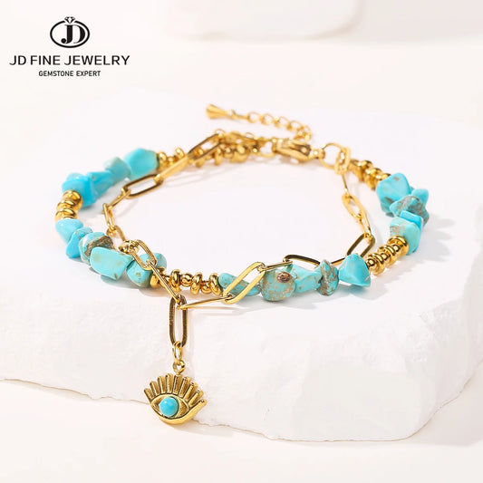 JD Natural Blue Turquoises Stone Devil's Eye Pendant Chain Double Layer Bracelet Women Bohemian Handmade Stainless Steel Jewelry