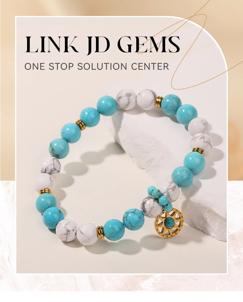 JD Natural Stone Blue Turquoise Strand Stainless Steel Sun Pendant Bracelets Women Fashion Bohemian Healing Energy Jewelry Gift