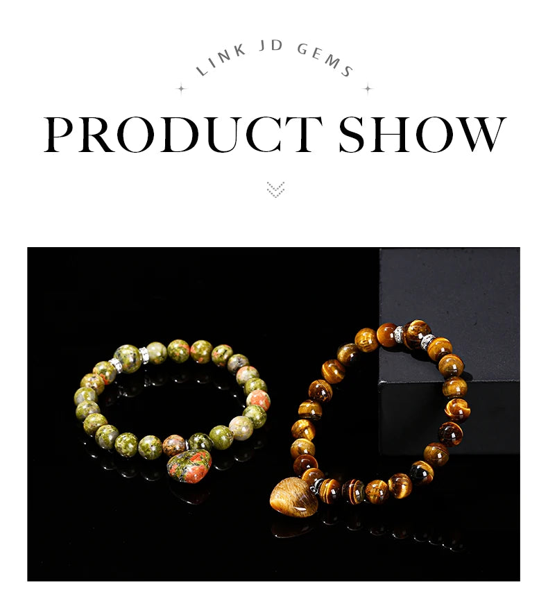 JD Natural Pink Quartz Yellow Tiger Eye Unakite Heart Pendant Beaded Bracelet Women Lovers Elegant Handmade Stretch Healing Gift