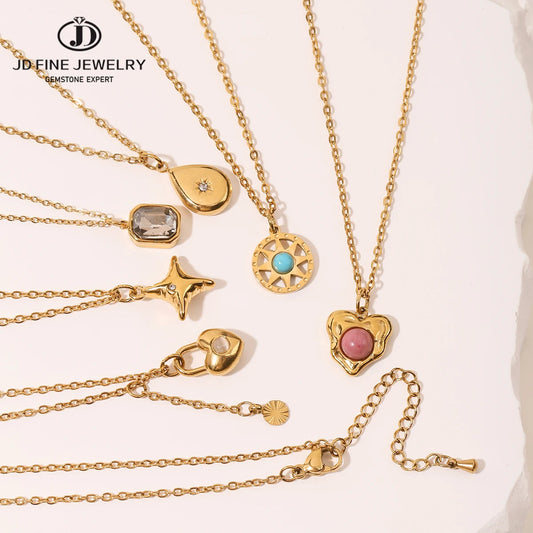 JD Stainless Steel Turquoise Zircon Geometic Patter Pendant Necklaces For Women Bohemian Delicate Wedding Jewelry Collar Mujer