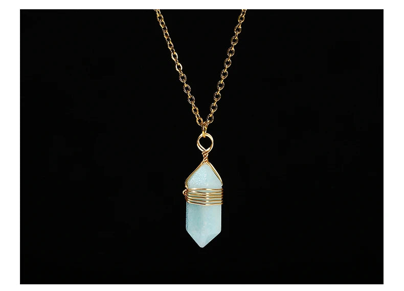 JD Natural Stone Amethyst Yellow Tiger Eye Obsidian Hexagon Column Charm Necklace Women Men Fashion Energy Healing Chain Choker