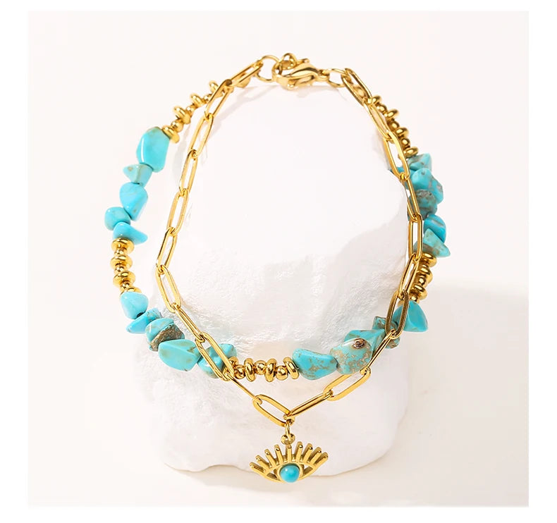 JD Natural Blue Turquoises Stone Devil's Eye Pendant Chain Double Layer Bracelet Women Bohemian Handmade Stainless Steel Jewelry