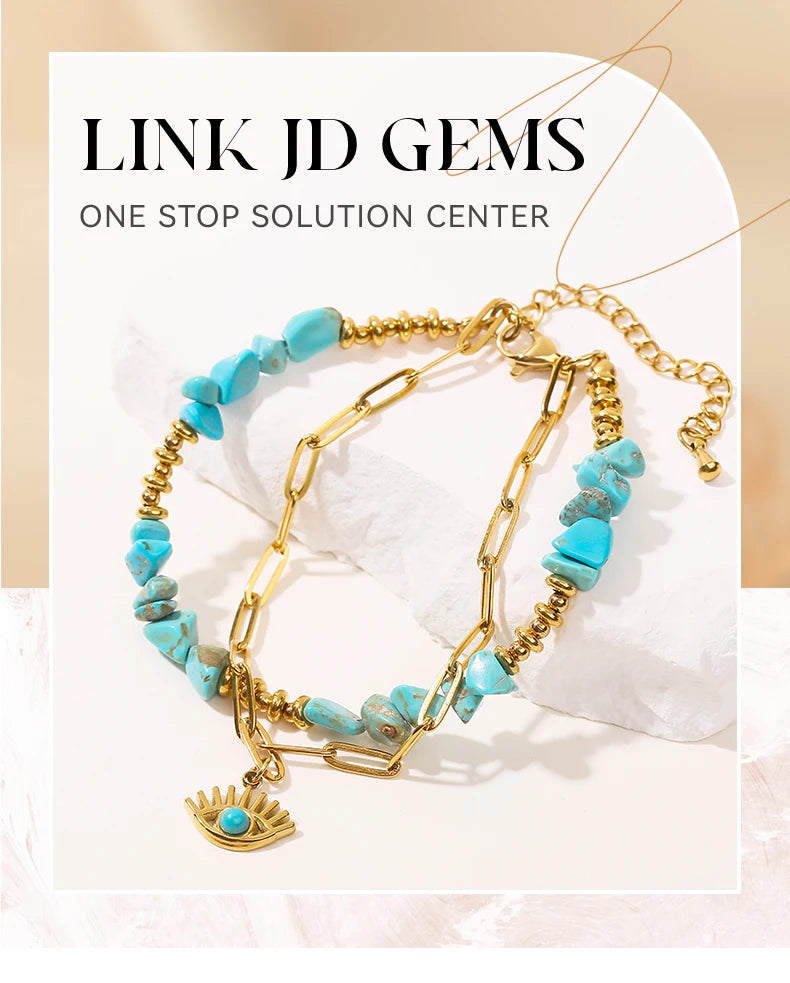 JD Natural Blue Turquoises Stone Devil's Eye Pendant Chain Double Layer Bracelet Women Bohemian Handmade Stainless Steel Jewelry