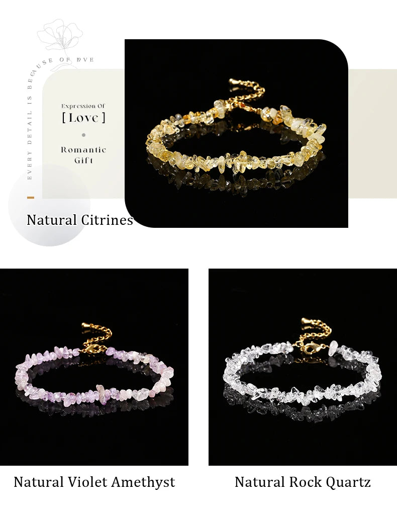 JD Natural Stone Tourmaline Amethyst Rock Quartz Crystal Stone Chip Bead Bracelet Women Healing Chakra Adjustable Chain Jewelry