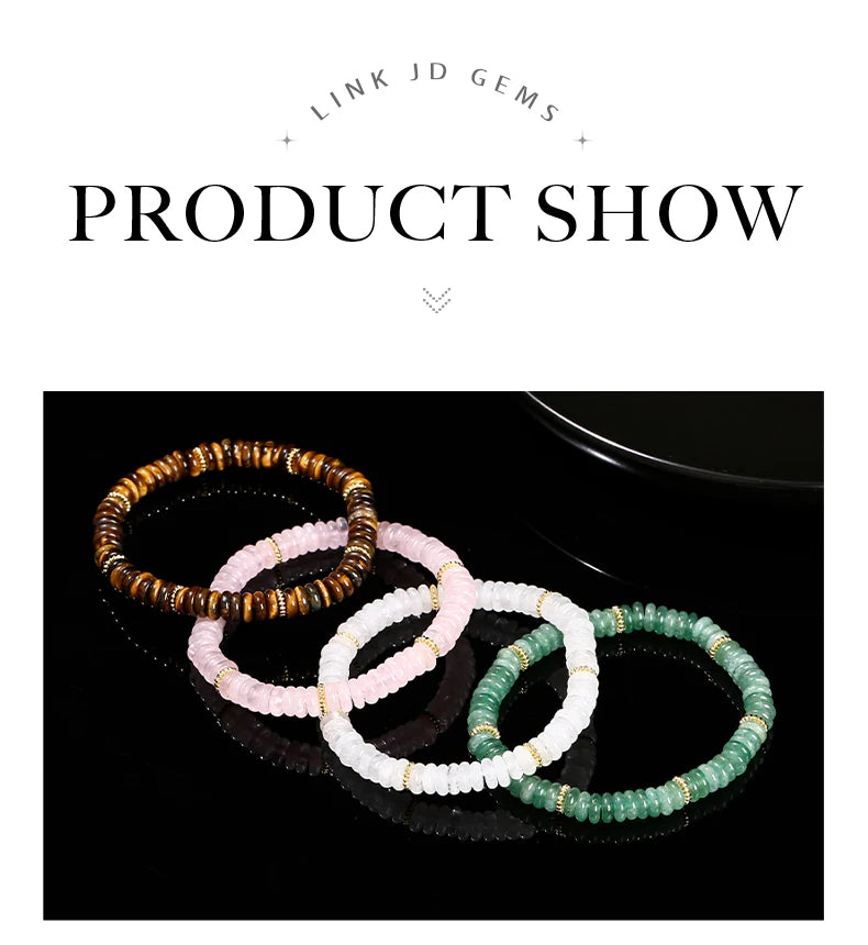 JD Natural Stone Green Aventurine Pink Quartz Flat Spacer Beads Bracelet Women Men Bohe Elastic Bangles Healing Friendship Gift