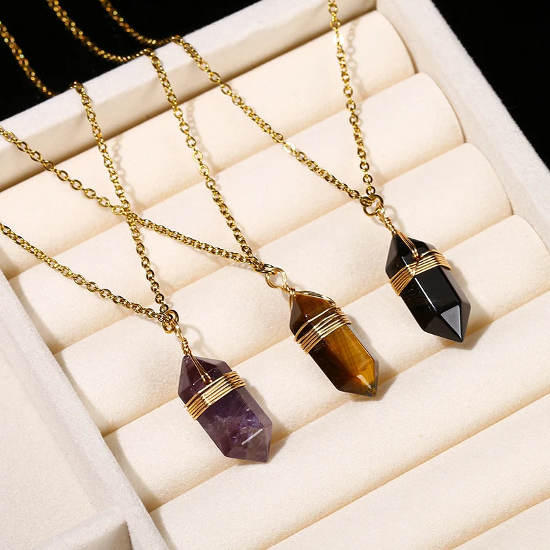 JD Natural Stone Amethyst Yellow Tiger Eye Obsidian Hexagon Column Charm Necklace Women Men Fashion Energy Healing Chain Choker