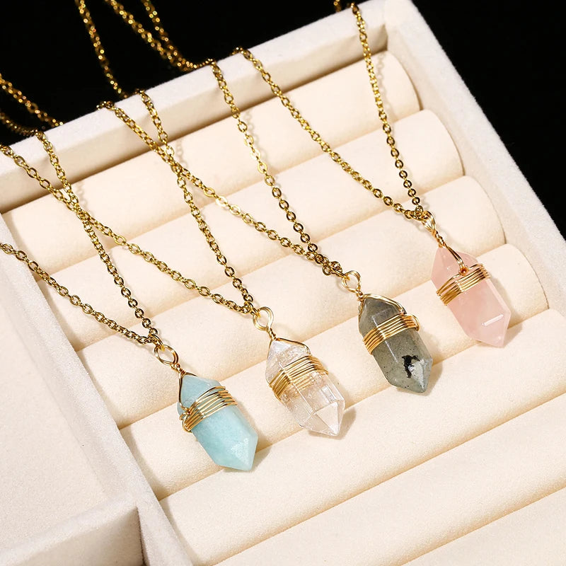 JD Natural Stone Amethyst Yellow Tiger Eye Obsidian Hexagon Column Charm Necklace Women Men Fashion Energy Healing Chain Choker