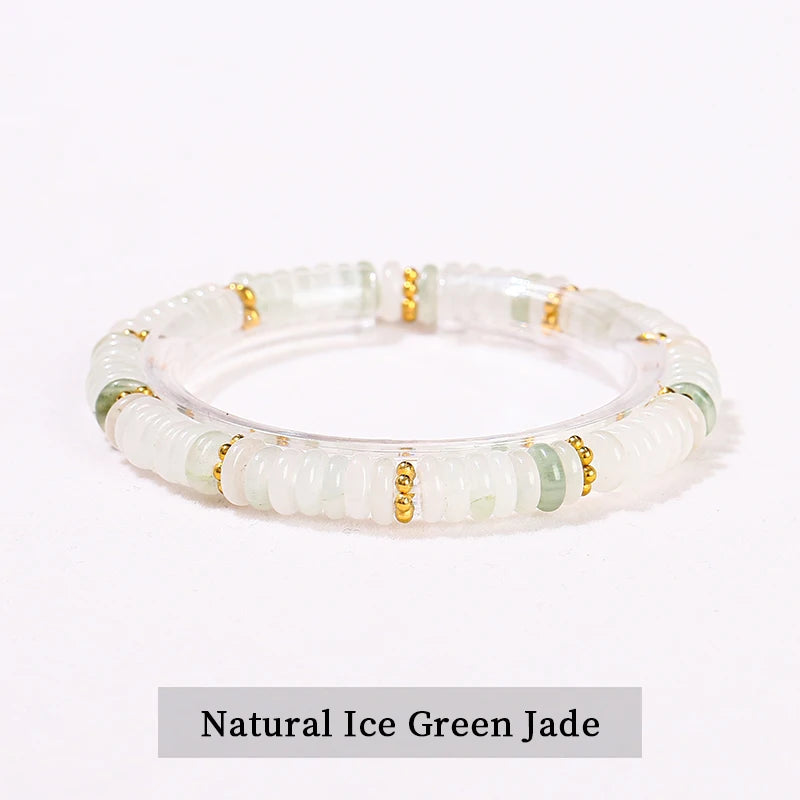 JD Natural Stone Green Aventurine Pink Quartz Flat Spacer Beads Bracelet Women Men Bohe Elastic Bangles Healing Friendship Gift