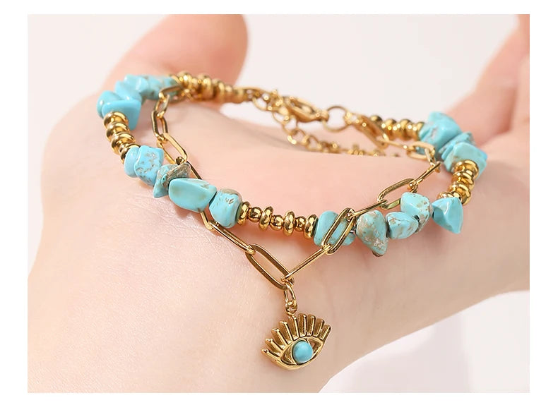JD Natural Blue Turquoises Stone Devil's Eye Pendant Chain Double Layer Bracelet Women Bohemian Handmade Stainless Steel Jewelry
