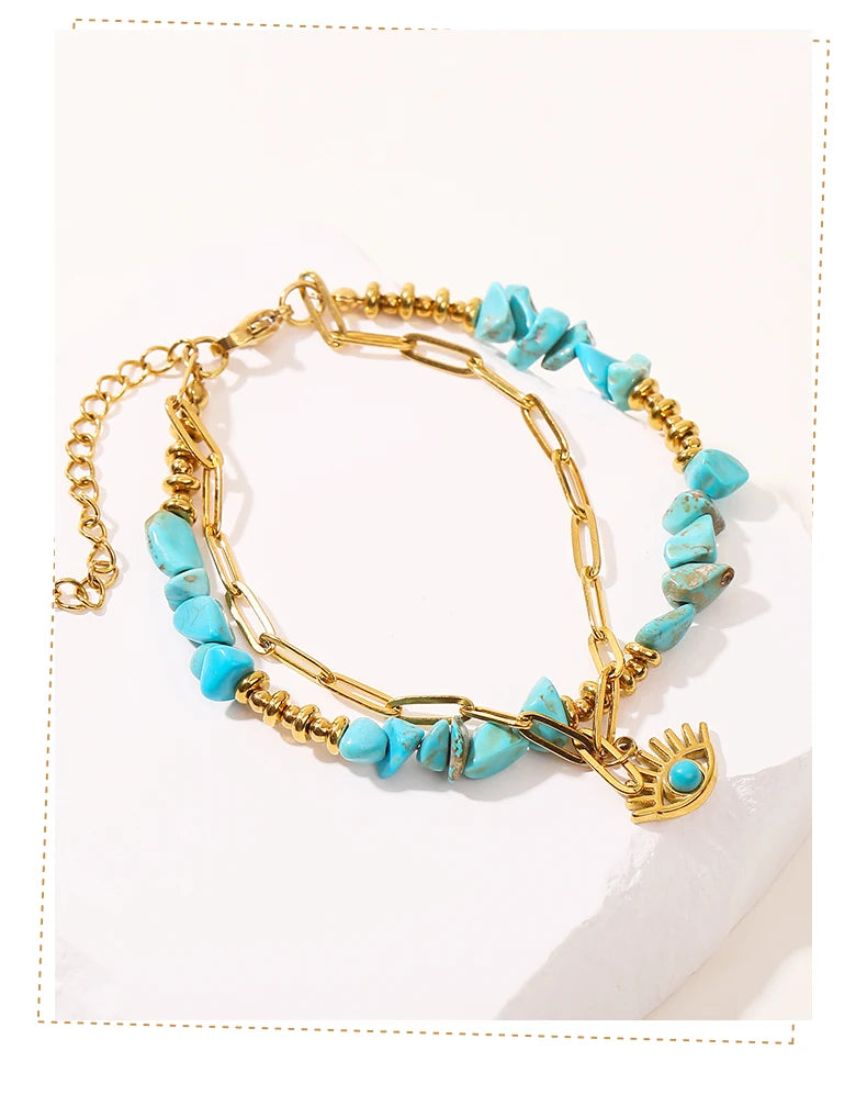 JD Natural Blue Turquoises Stone Devil's Eye Pendant Chain Double Layer Bracelet Women Bohemian Handmade Stainless Steel Jewelry