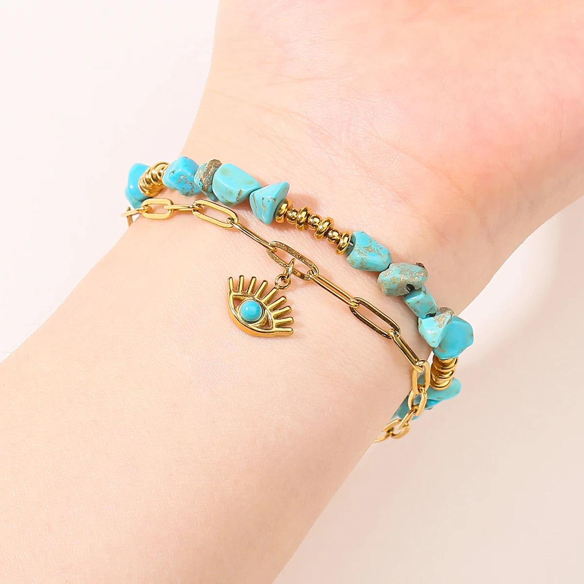JD Natural Blue Turquoises Stone Devil's Eye Pendant Chain Double Layer Bracelet Women Bohemian Handmade Stainless Steel Jewelry