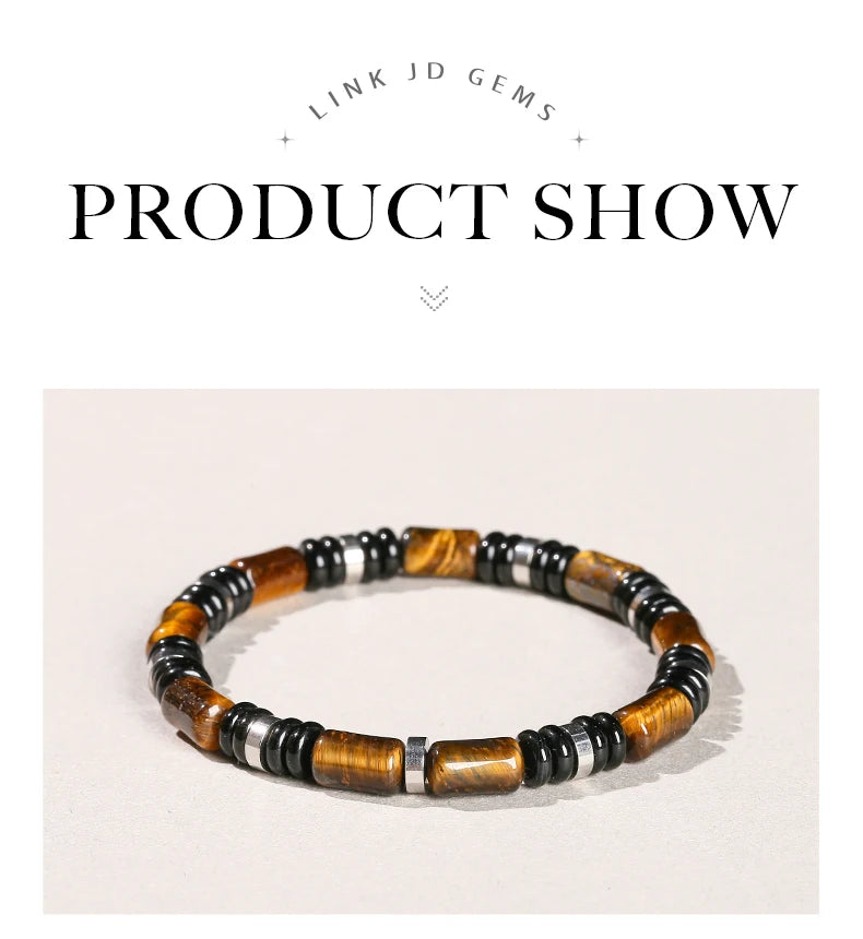 JD Natural Yellow Tiger Eye Stone Tube Shape Bracelets for Women Men Classic Stainless Steel Elastic Bangles Yoga Energy Gifts