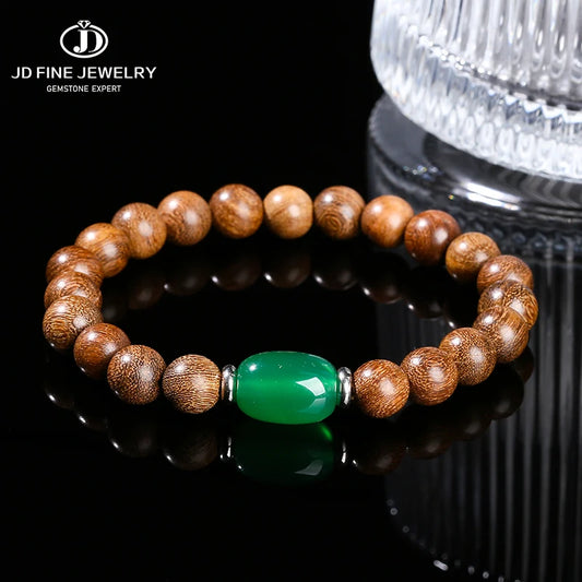 JD Natural Wooden Bracelets Golden Silk Sandalwood Green Agate Barrel Bead Buddha Bracelet Women Vintage Yoga Meditation Jewelry