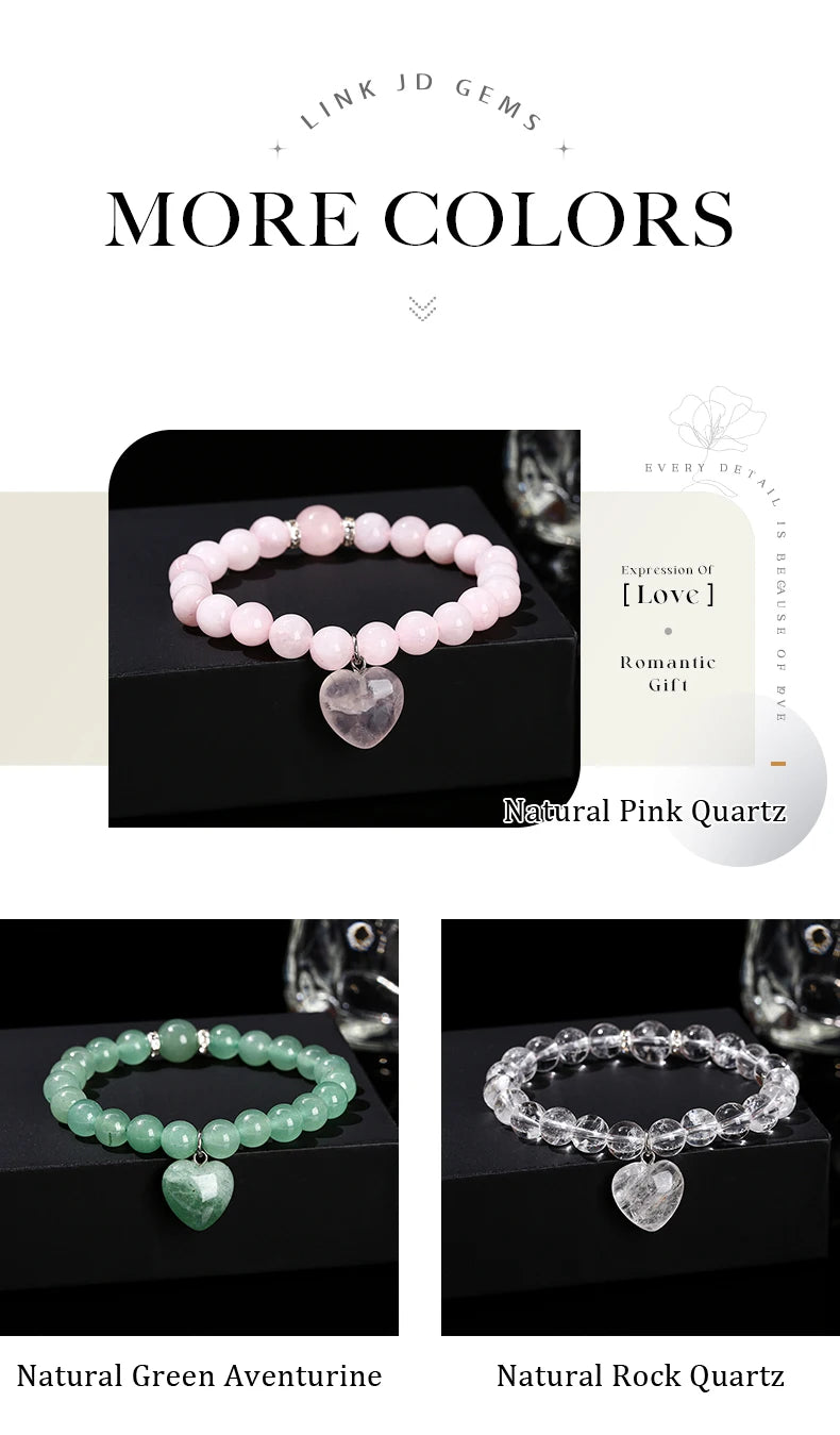 JD Natural Pink Quartz Yellow Tiger Eye Unakite Heart Pendant Beaded Bracelet Women Lovers Elegant Handmade Stretch Healing Gift
