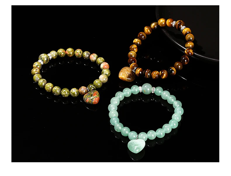 JD Natural Pink Quartz Yellow Tiger Eye Unakite Heart Pendant Beaded Bracelet Women Lovers Elegant Handmade Stretch Healing Gift
