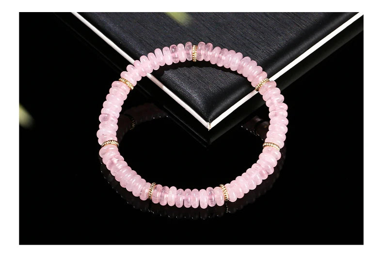 JD Natural Stone Green Aventurine Pink Quartz Flat Spacer Beads Bracelet Women Men Bohe Elastic Bangles Healing Friendship Gift