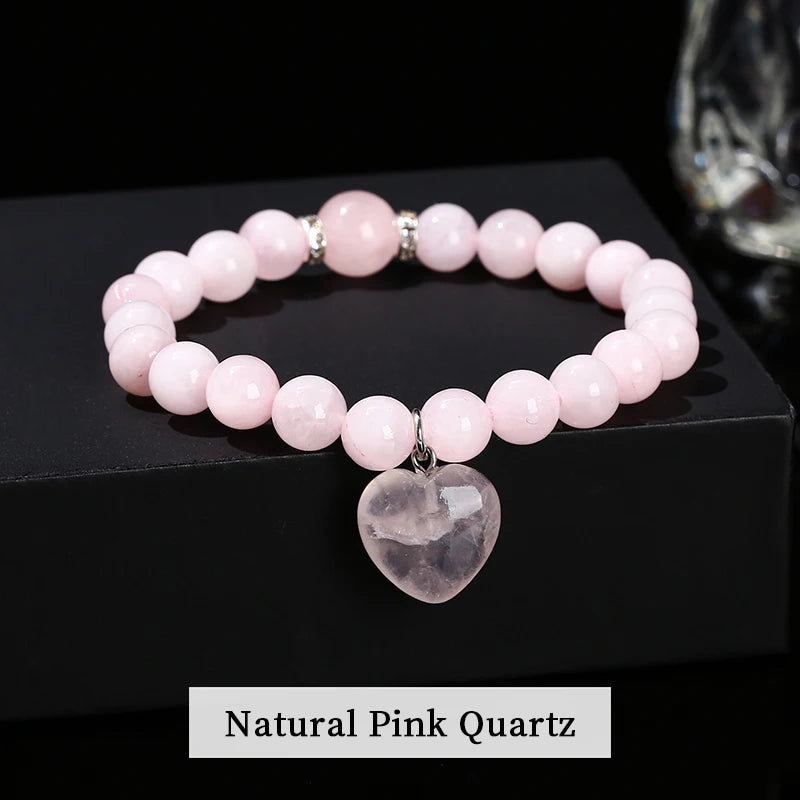 JD Natural Pink Quartz Yellow Tiger Eye Unakite Heart Pendant Beaded Bracelet Women Lovers Elegant Handmade Stretch Healing Gift