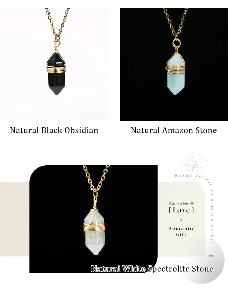 JD Natural Stone Amethyst Yellow Tiger Eye Obsidian Hexagon Column Charm Necklace Women Men Fashion Energy Healing Chain Choker