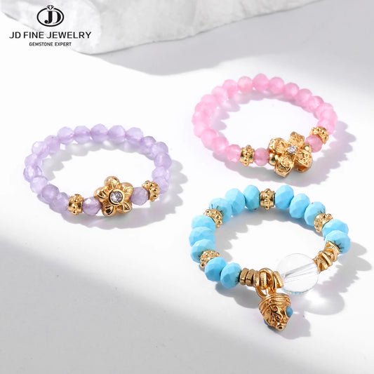 JD Natural Faceted Blue Turquoise Strand Rings Women Vintage Handmade Adjustable Reiki Yoga Energy Rings Party Couple Gifts
