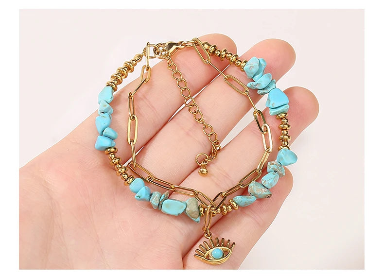 JD Natural Blue Turquoises Stone Devil's Eye Pendant Chain Double Layer Bracelet Women Bohemian Handmade Stainless Steel Jewelry