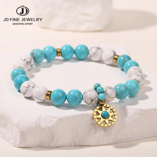 JD Natural Stone Blue Turquoise Strand Stainless Steel Sun Pendant Bracelets Women Fashion Bohemian Healing Energy Jewelry Gift