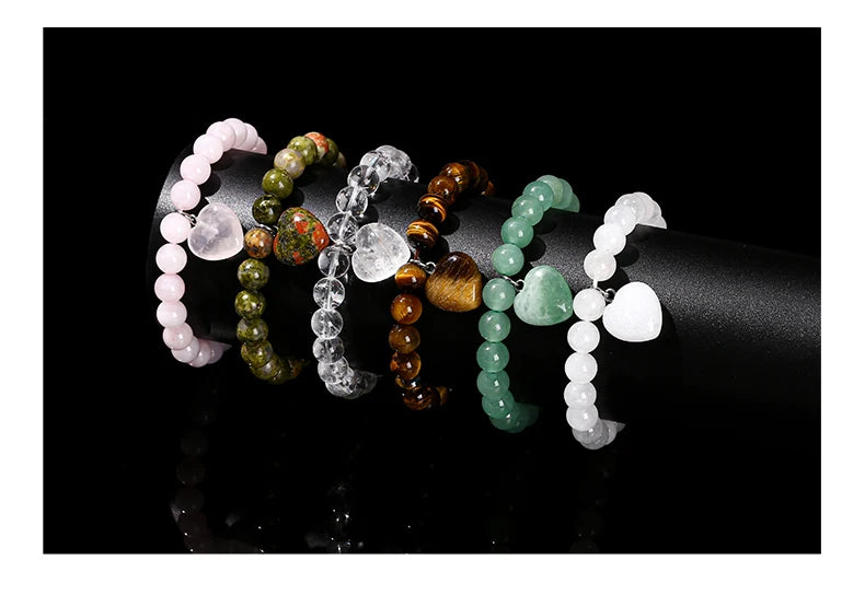 JD Natural Pink Quartz Yellow Tiger Eye Unakite Heart Pendant Beaded Bracelet Women Lovers Elegant Handmade Stretch Healing Gift