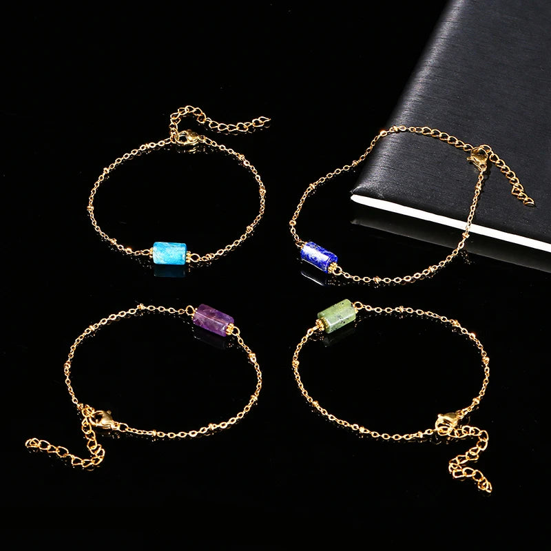 JD Natural Stone Pink Quartz Amethyst Faceted Tube Bead Stainless Steel Bracelet Women Exquisite Nugget Gems Adjustable Jewelry